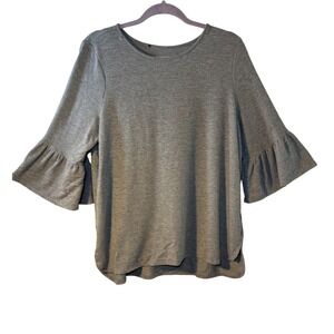 Womens Heather Grey Ruffle Bell Sleeve Knit Top Crew Neck Relaxed Fit Blouse